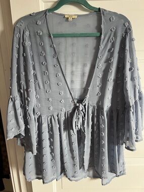 Kori Light Blue Textured Tie-Front Peplum Tunic